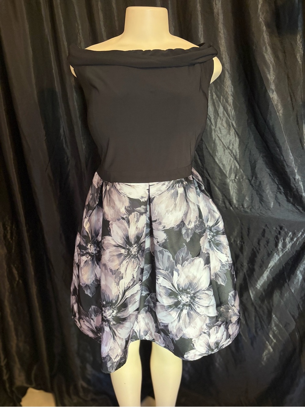 Morgan & Co. Black One-Shoulder Bodice with Lavender Floral Skirt Dress